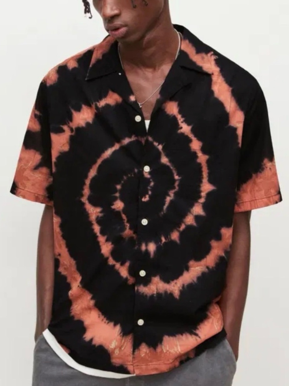 All Saints Black Orange Tie Dye AOP Hawaiian S/S Mens Button Front Size XL